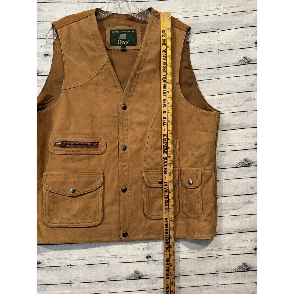 ORVIS Mens Leather Hunting Vest Sz M Safari Utility Snap Button Brown Vintage
